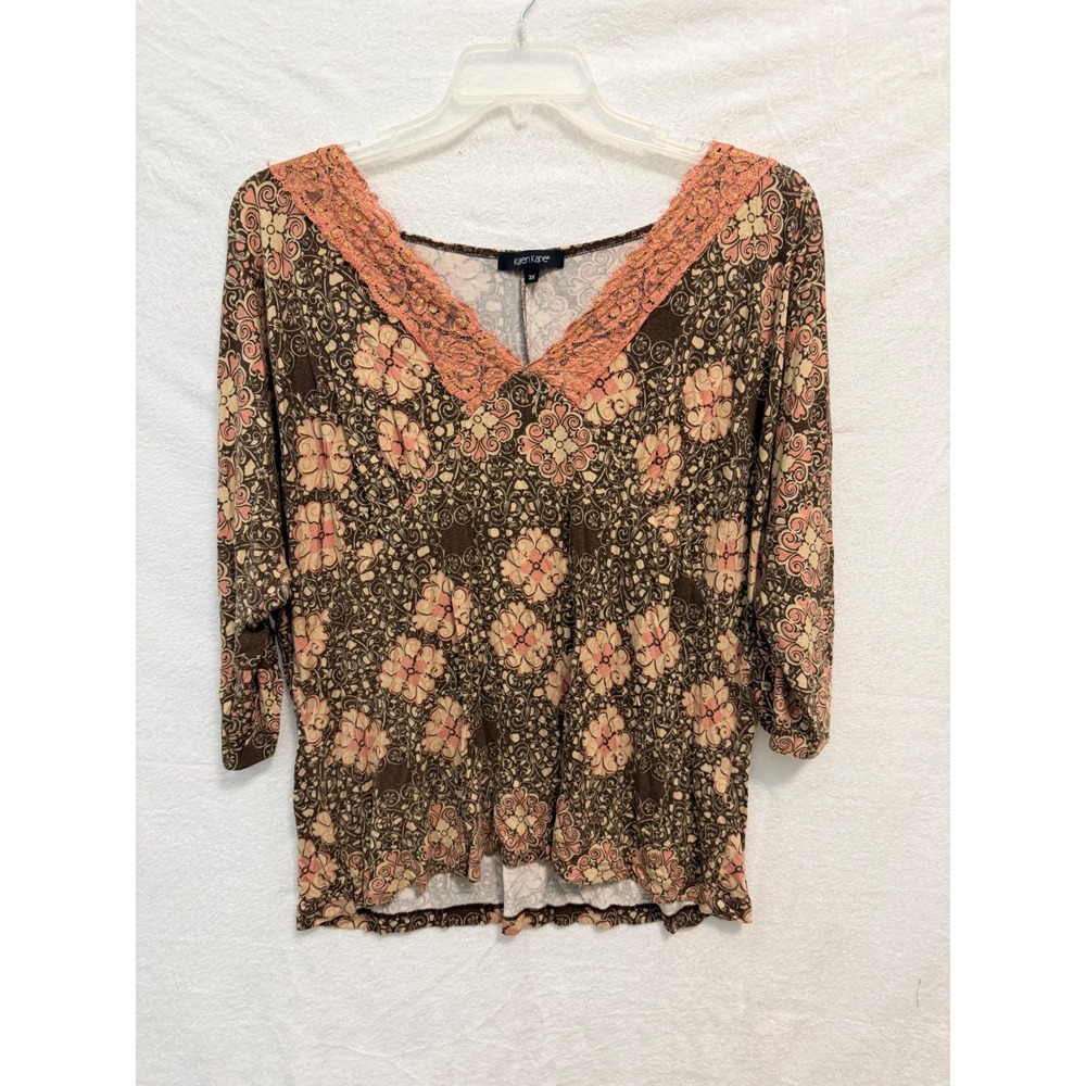 Karen Kane Womens 3X Brown Pink Floral Medallion Lace V-Neck 3/4 Sleeve Top